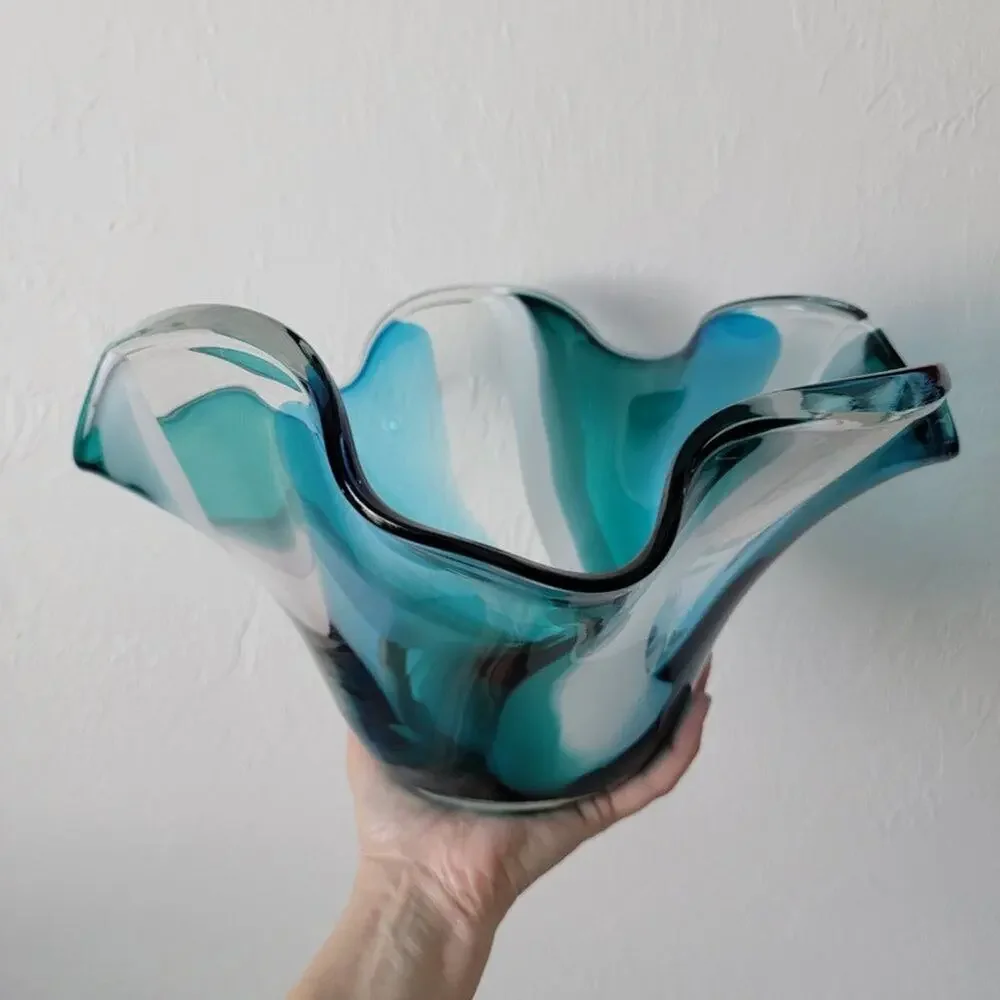 Hand Blown Glass Vase Bowl Turquoise White Clear Handkerchief Flair Home Decor
